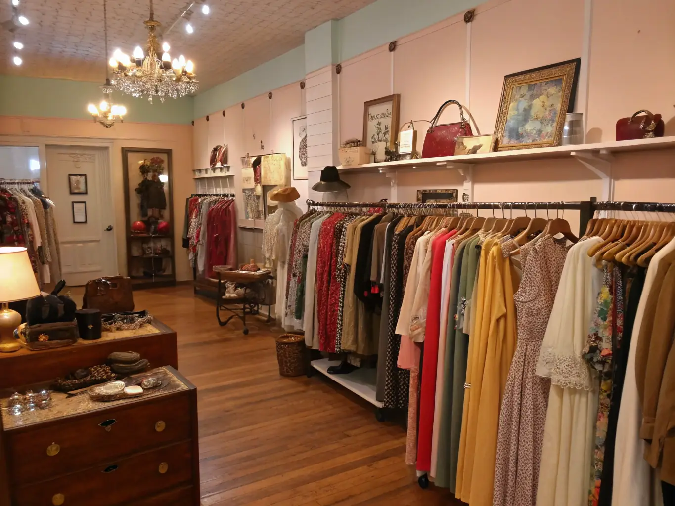 A beautifully curated display of vintage clothing, household items, and photographs from the early 20th century, capturing the essence of life around 1900. The display is set in a dimly lit room with soft, warm lighting to enhance the historical atmosphere.