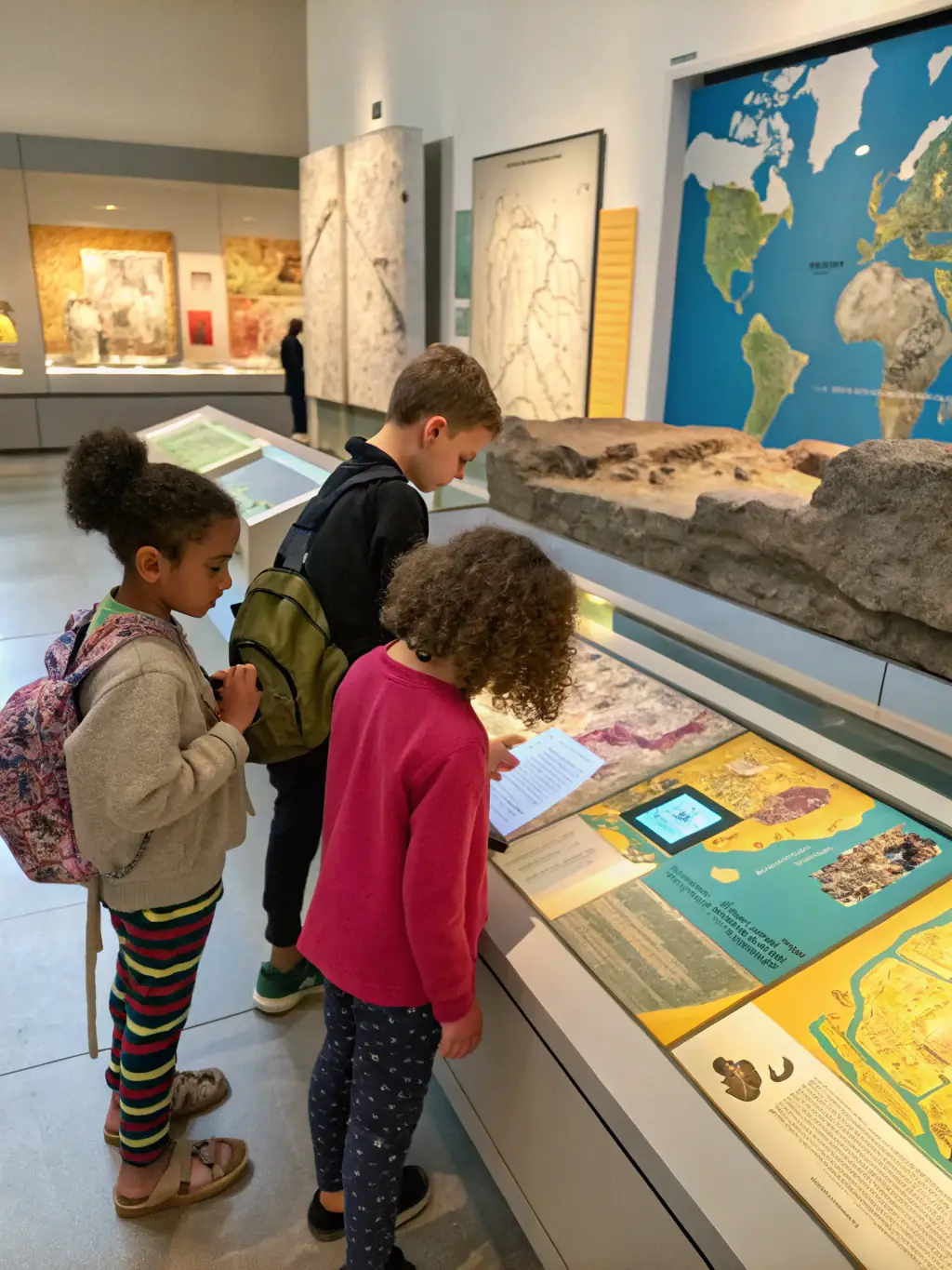 A photograph capturing a group of children participating in a hands-on history workshop at LES TRESORS DE LISETTE, surrounded by artifacts and engaging with the museum staff.