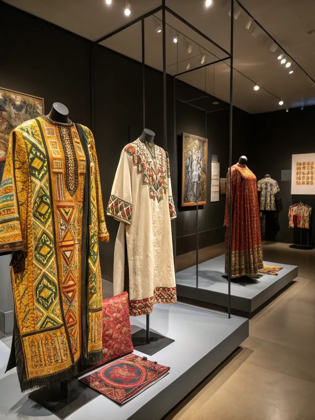 A photograph of a special exhibition at LES TRESORS DE LISETTE, showcasing a collection of vintage clothing and accessories from around 1900, displayed in an elegant setting.